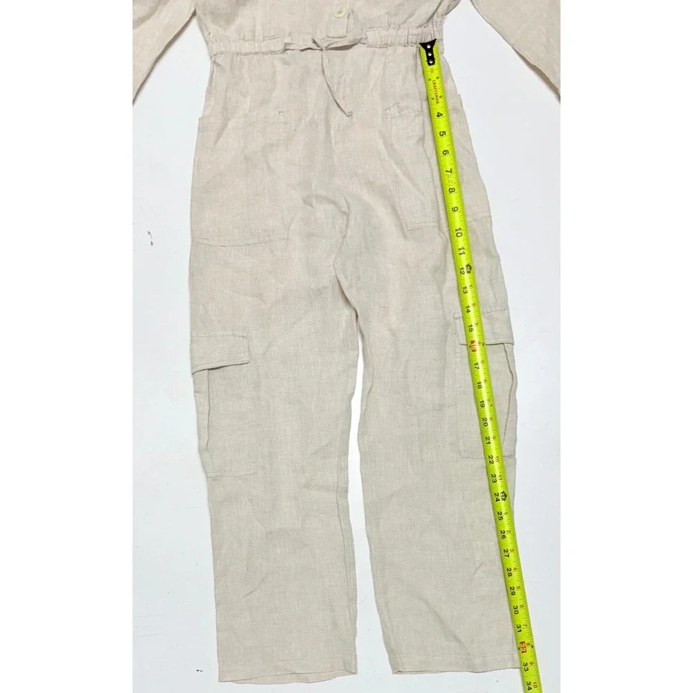 Zara Women's Tan Beige Jumpsuit Size 11-12 152‎ cm Long Sleeve Button Up Linen